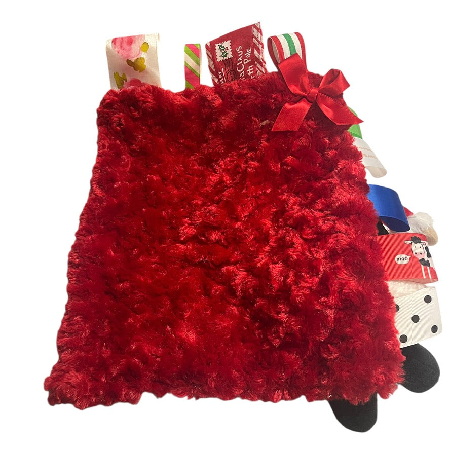 Santa Lovey Stuffed Toy & Handmade  Minky Ribbon Tag Blanket for Sleep/ Security & Sensory Play