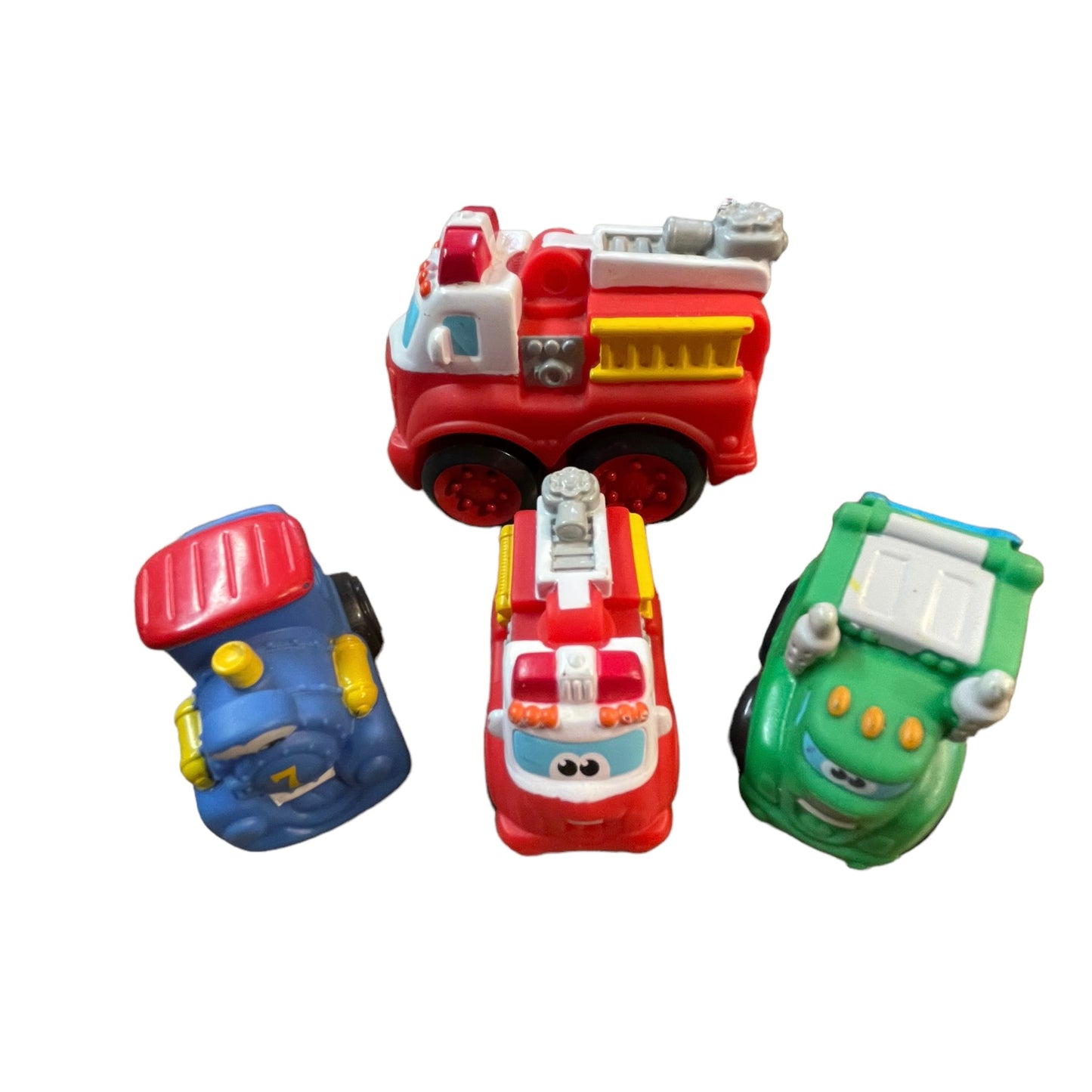 Tonka Lil Chuck and Friends Lot of 4, Big and Little Fire Trucks, Green Trash Truck & Blue Train #7