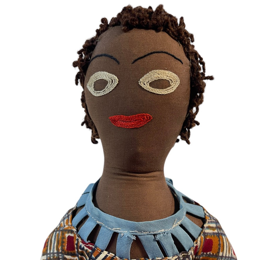 Handmade African Folk Art Mama & Baby Doll in Traditional Print Dress and Baby Wrap/Signature