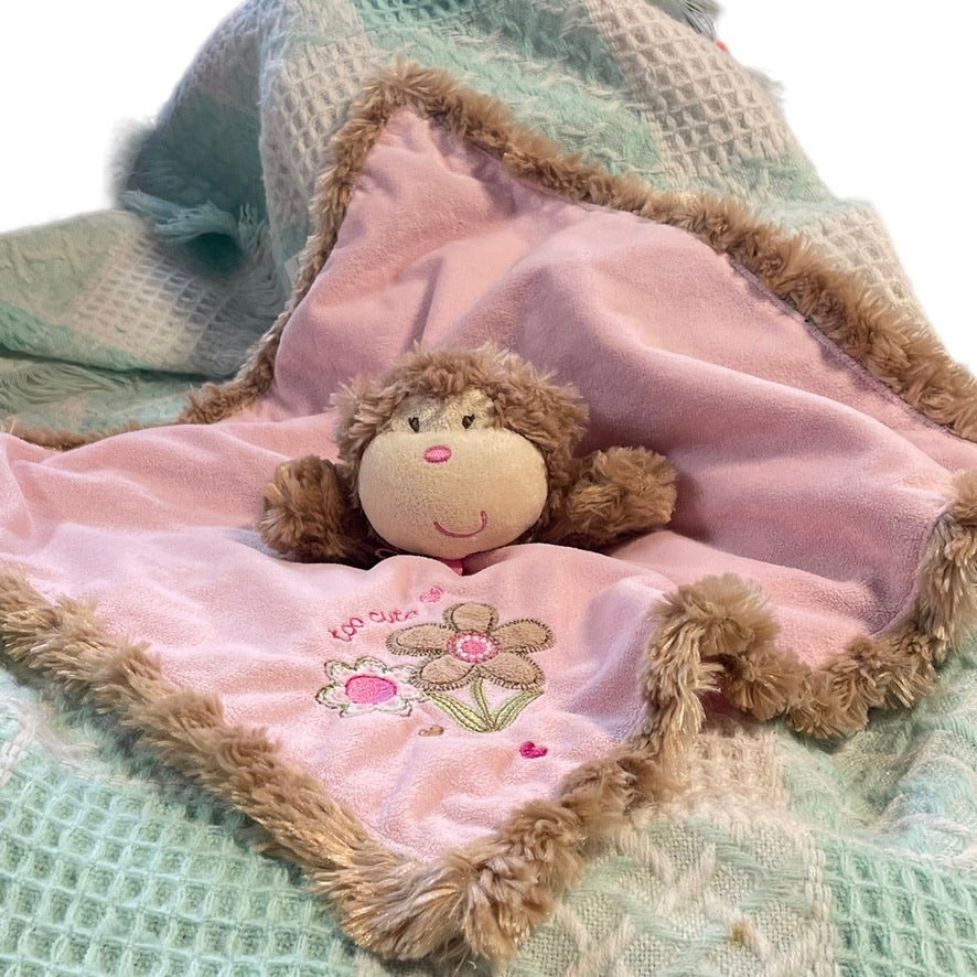 Monkey Lovey Security Blanket Rattle, Baby Starters, 'too cute', Embroidery,  Pink Minky, Satin Backing