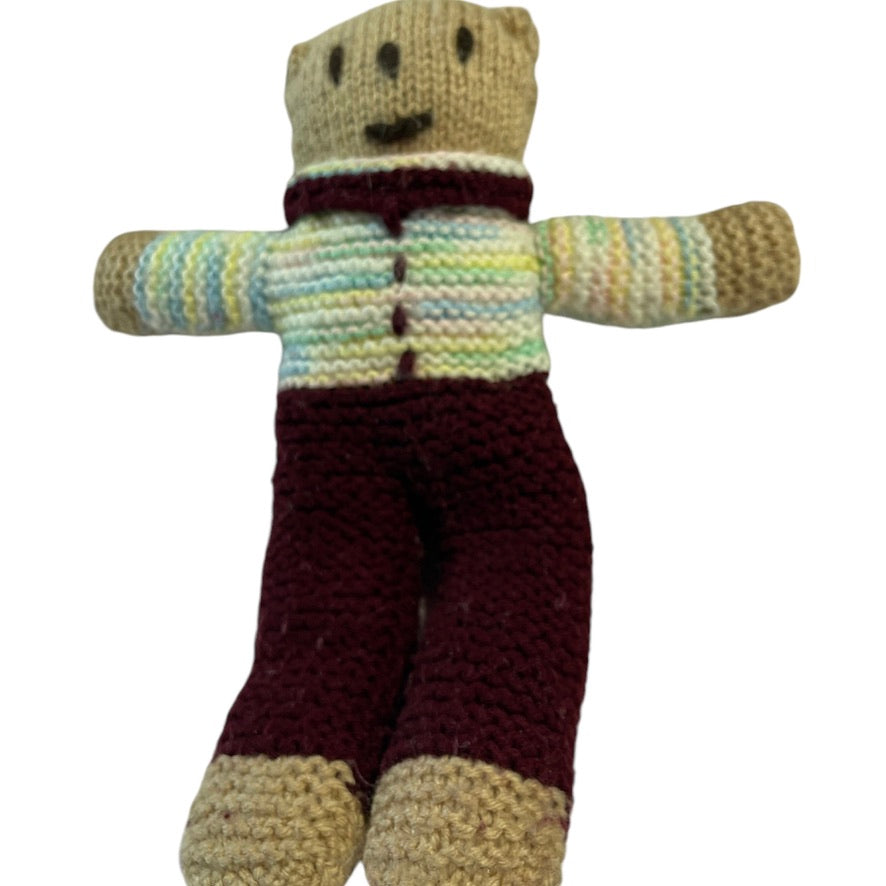 Handknit 14" Baby Bear Stuffed Animal Plush Toy, Tan & Brown, Variegated Blue Yellow Top, GUC