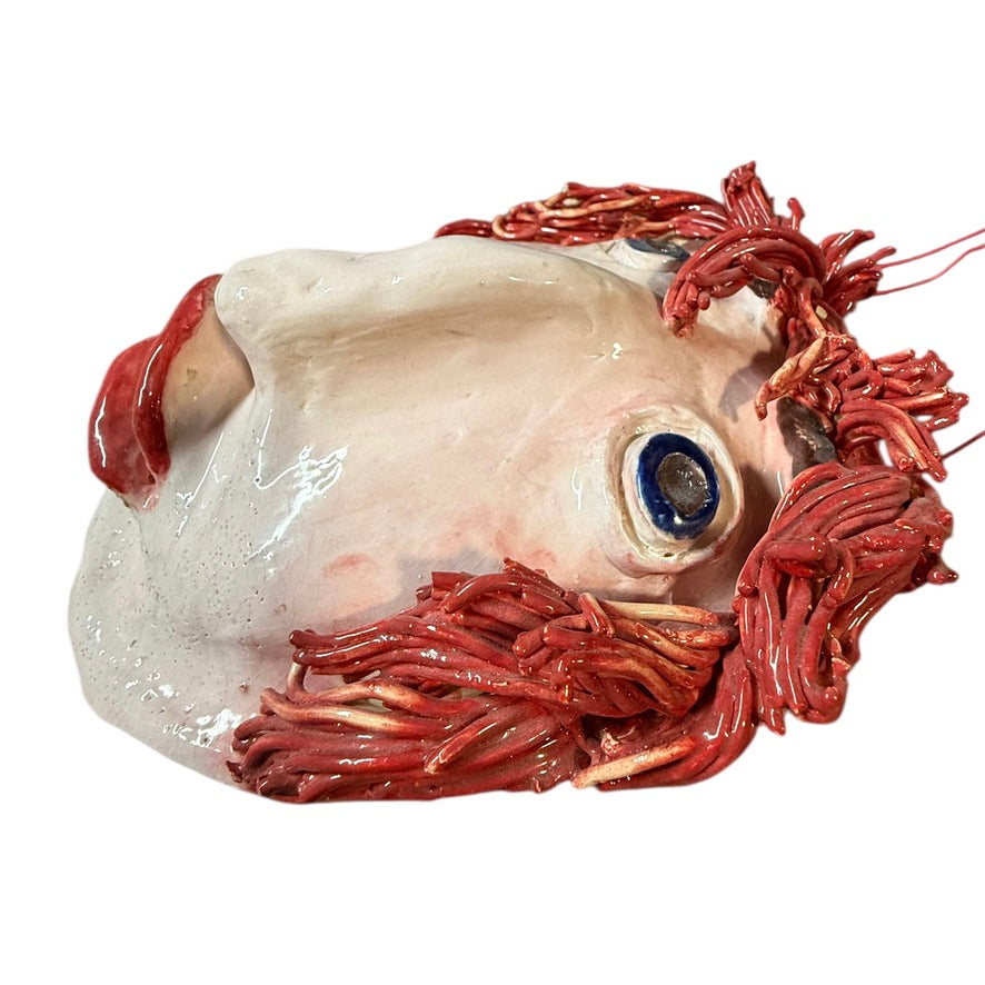 Delightful, One-of-a Kind Handmade Caricature Clay Mask with Red Spaghetti Hair, Artist Signed