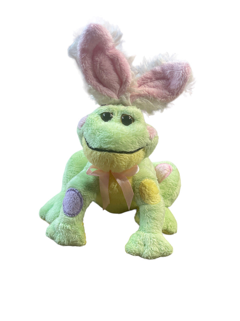 Charming Ganz "Frabbit", Green Frog With Rabbit Ears, Pastel Embroidered Easter Eggs & Pink Bow