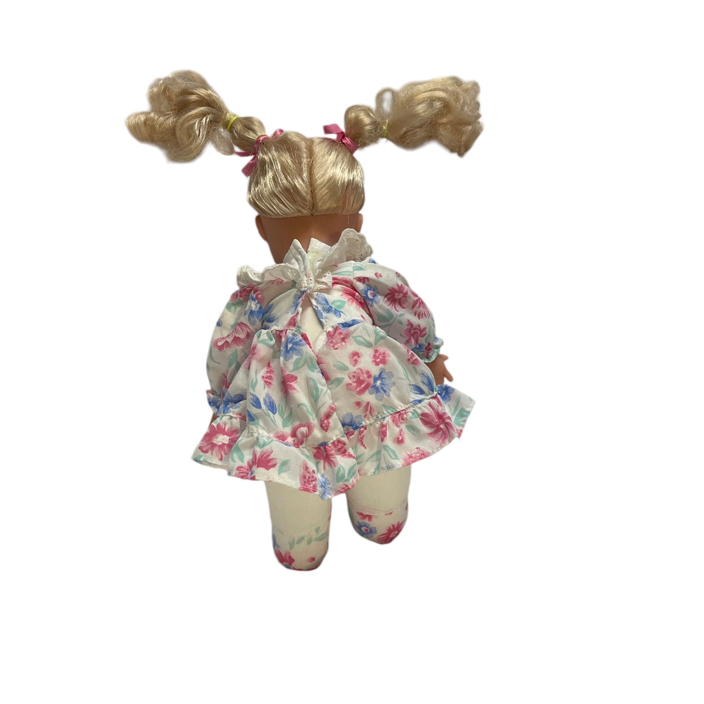 Vintage Vinyl & Plush Hung To Doll, Blond Curls, Open/Close Blue Eyes , Pretty Print Dress/Shoes