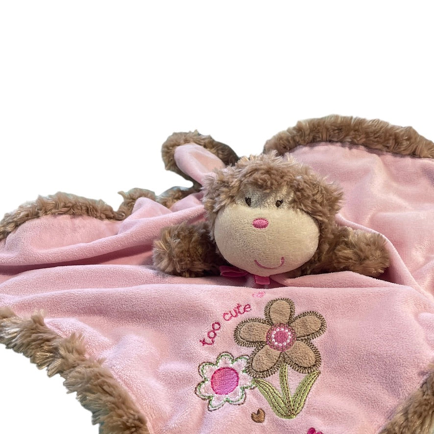 Monkey Lovey Security Blanket Rattle, Baby Starters, 'too cute', Embroidery,  Pink Minky, Satin Backing