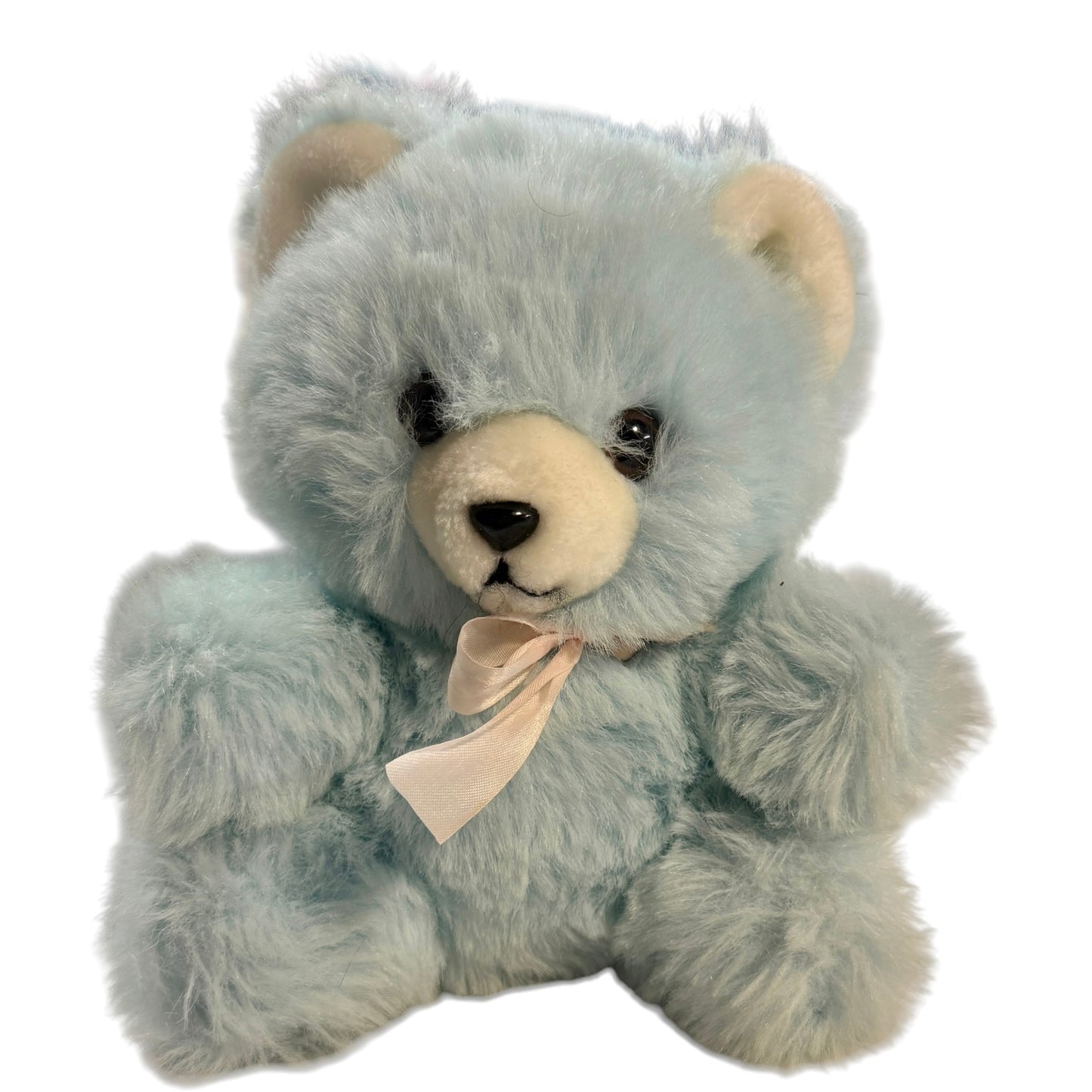 Adorable Vintage 8" Seated Soft Baby Blue Teddy Bear Rattle with White Snout & Black Features