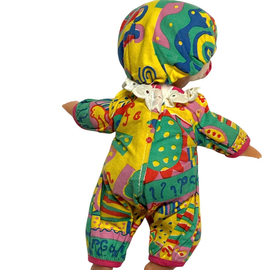 Tiny TurkishClown Faced  Doll In Bright Printed Romper & Matching Cap,  9" in GUC