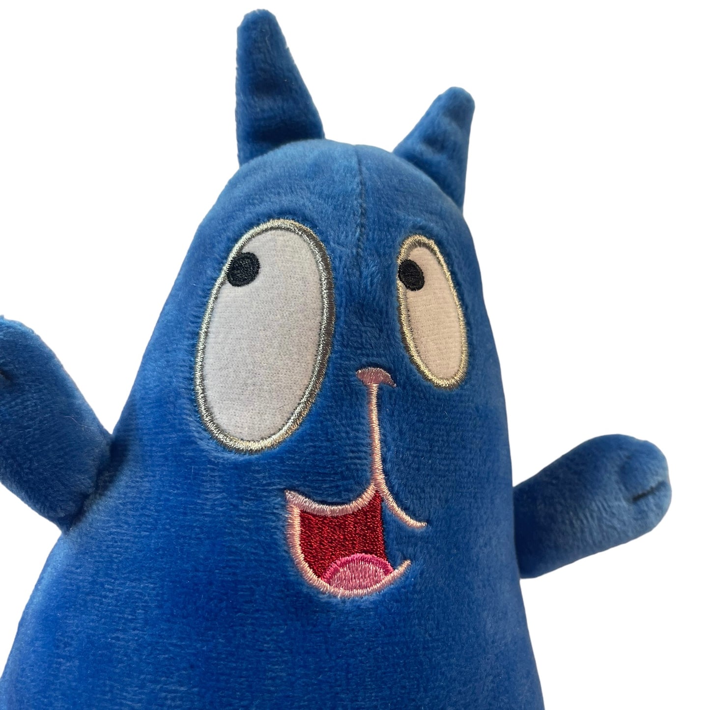 Preowned 9" peg+cat  Blue Plush Stuffed Cat with Embroidered Face Irregular Eyes