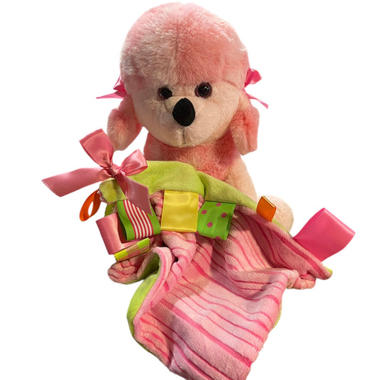 Pink Poodle Stuffed Toy Dog & Luxury Handmade Minky Ribbon Tag Lovey Security Blanket in EUC