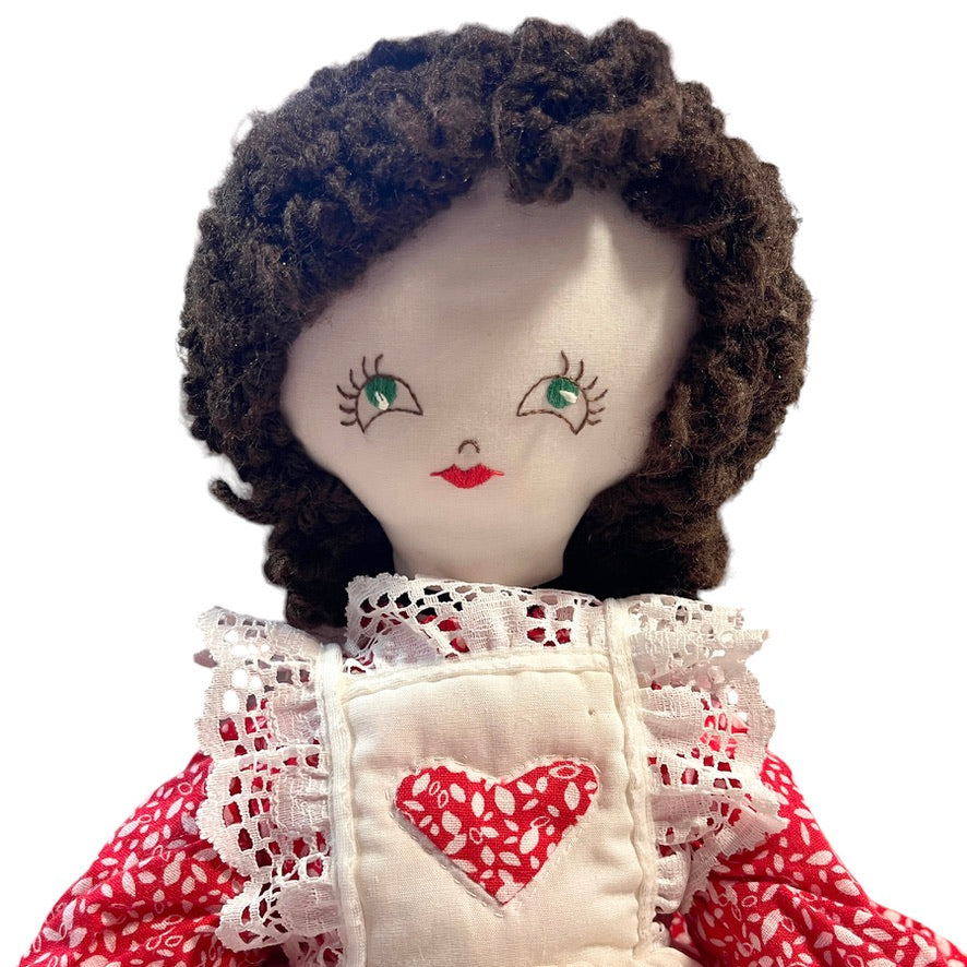 Handmade 18" Vintage Rag Doll Brunette, Blue Embroidered Eyes, Red Print Dress &White Pinafore