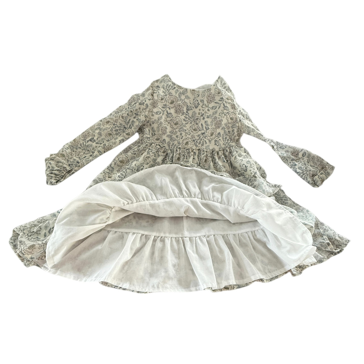 Bohemian Haute Hippie Floral Print Dress, Size 6 Empire Flounce, Long Sleeves,Pearl Buttons