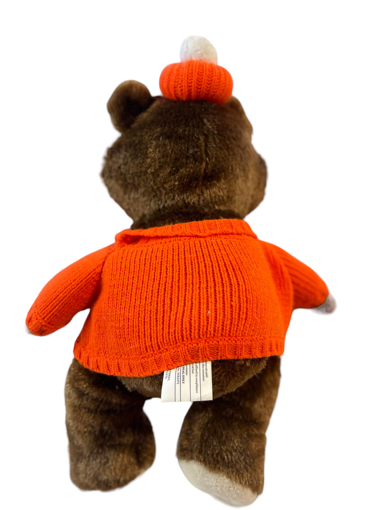 A&W Logo Root Bear Mascot Vintage 17" Stuffed Animal Plush Orange Sweater & Bobble Hat.