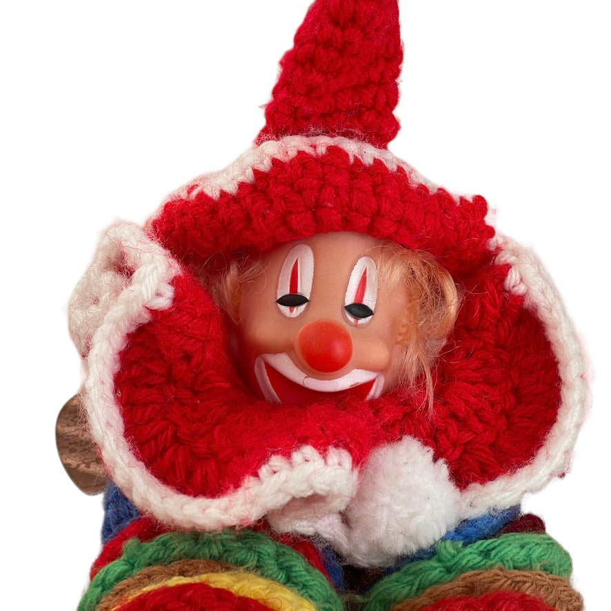 Handmade Crocheted Clown, Colourful, Vintage, Vinyl Face Pompom Hands & Feet