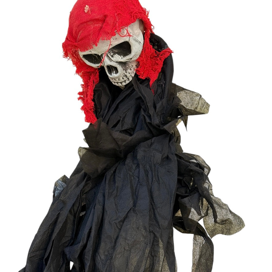 Grim Reaper Skeleton Hanging Indoor/Outdoor Halloween Decor, Black & Red Tatters
