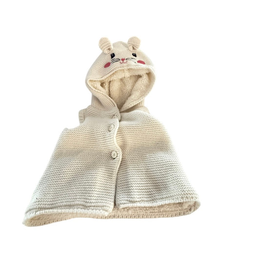 Waikiki Button Front Ecru Knit Vest with Fleece Lining & Sweet Embroidered Kitten Face 9-12 m