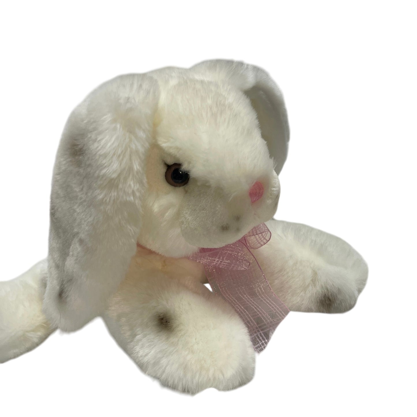 Ultra Soft White Plush Lop Eared Bunny, Black Spots, Weighted Bean Bottom. Pink Satin Nose