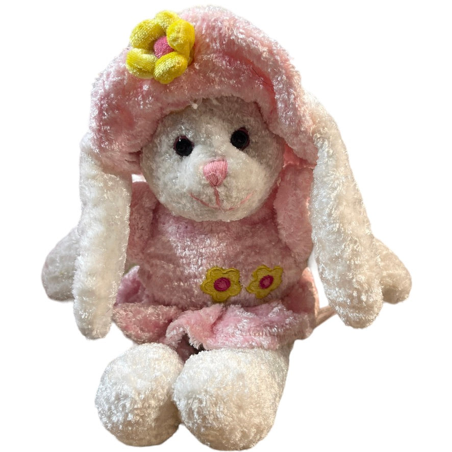 Pink & White Crushed Velvety Plush Easter Bunny Stuffed Animal Toy in EUC