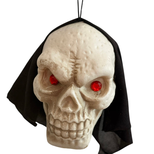 Jewel Eyed Skull with Black Filmy Head Cover & Hanging Loop  in Good Preowned Condition
