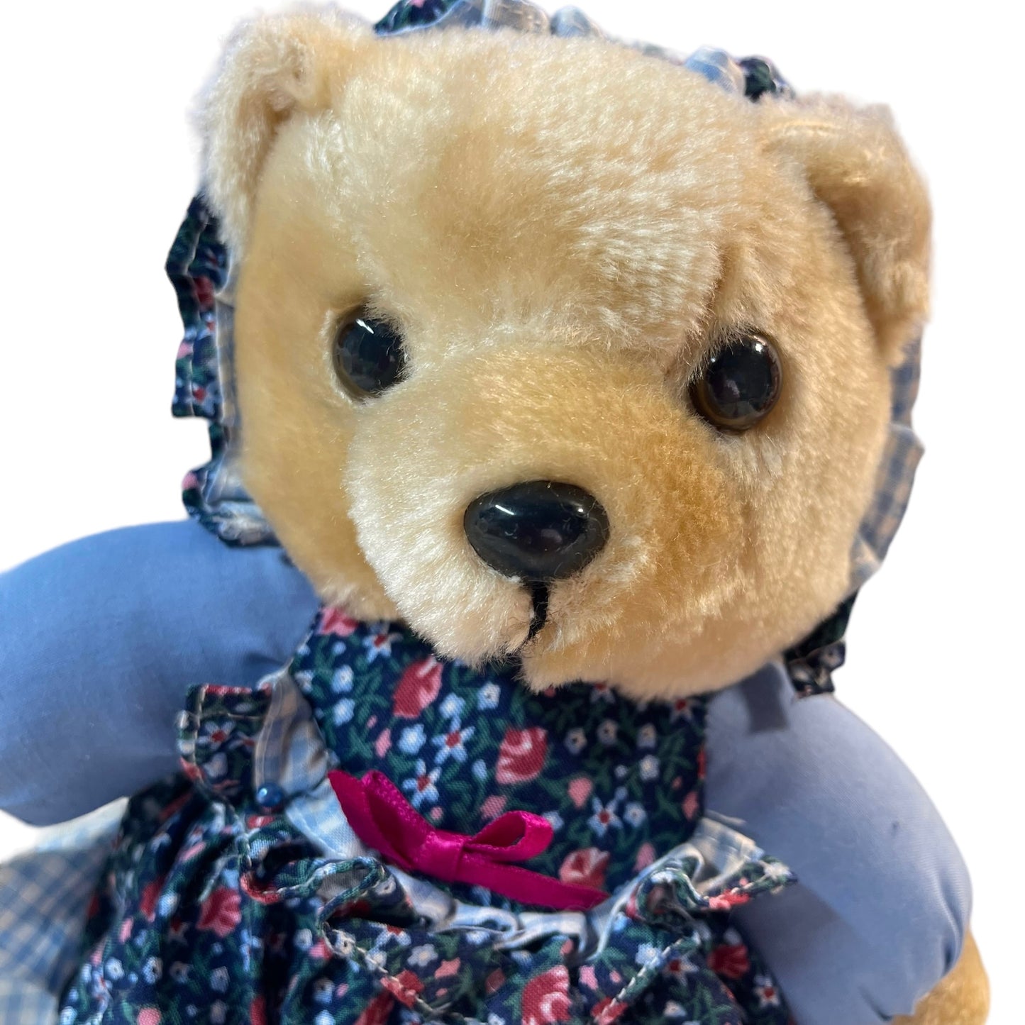 Vintage 10" Teddy Bear in Blue Floral & Gingham Dress and Hat in GUC