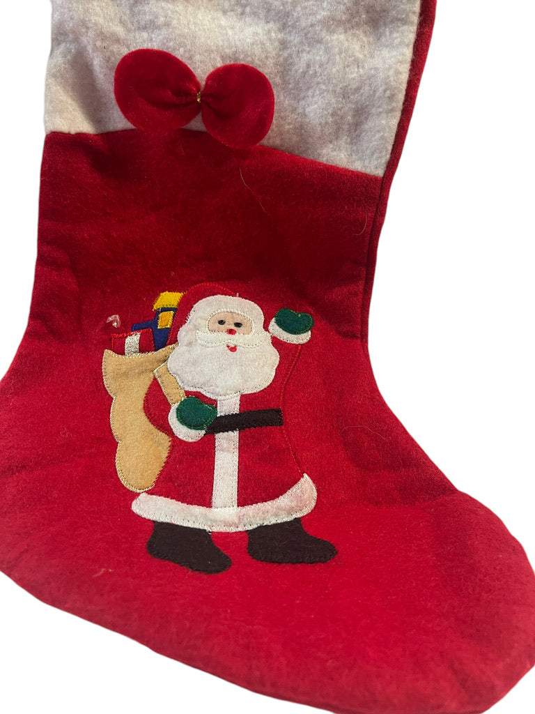 Red Felt Christmas Stocking with a Detailed Santa & Toy Bag Applique & Red Felt Bow