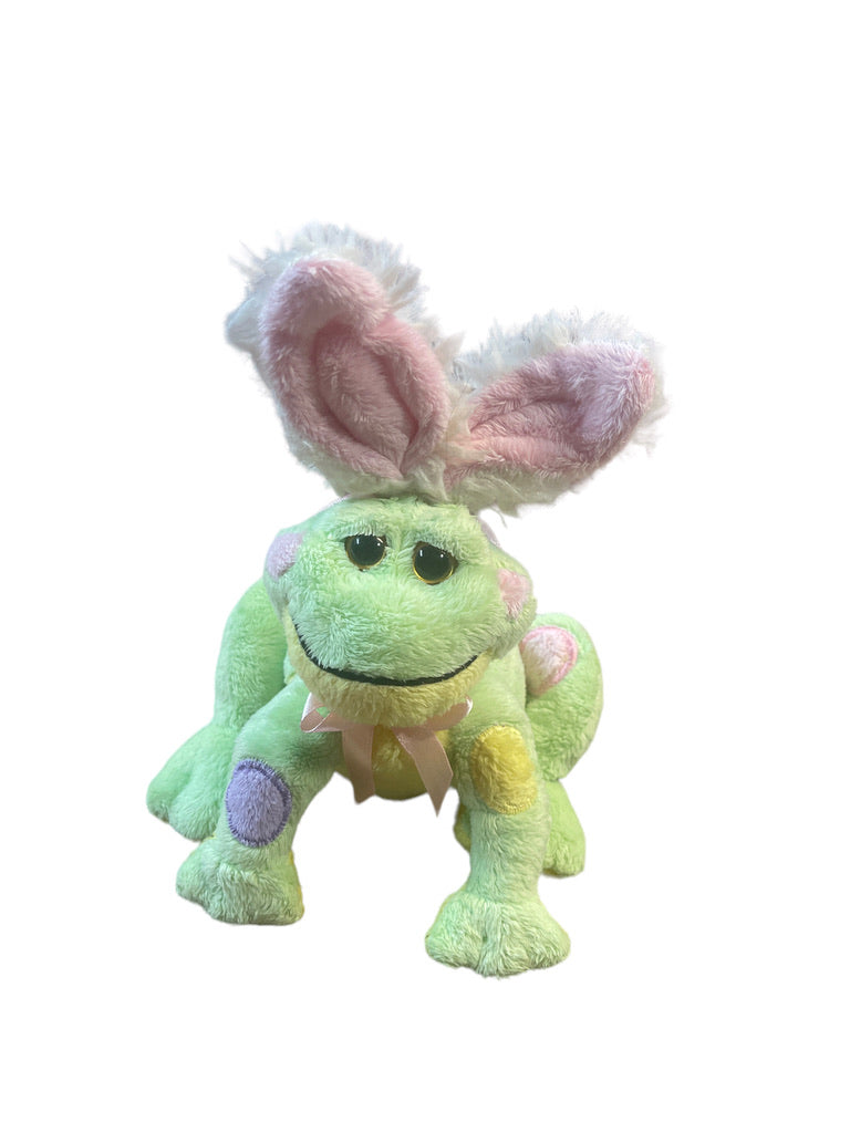 Charming Ganz "Frabbit", Green Frog With Rabbit Ears, Pastel Embroidered Easter Eggs & Pink Bow