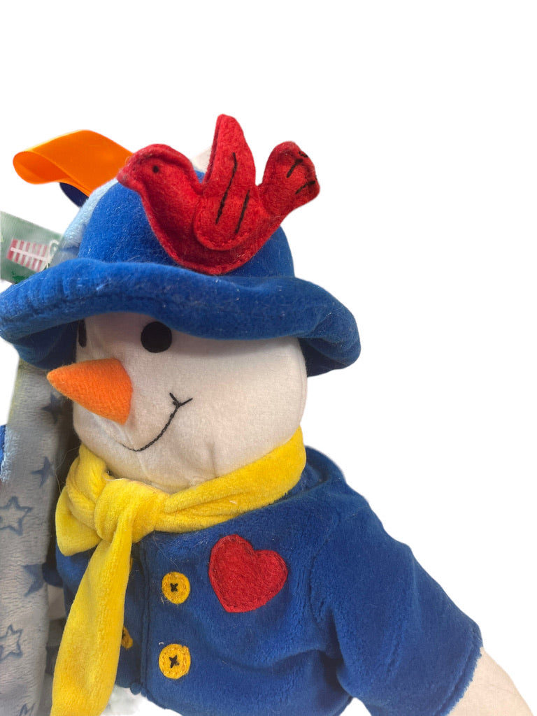 White Stuffed Snowman in Blue & Yellow with Patches and a Blue Starres Ribbon Tug