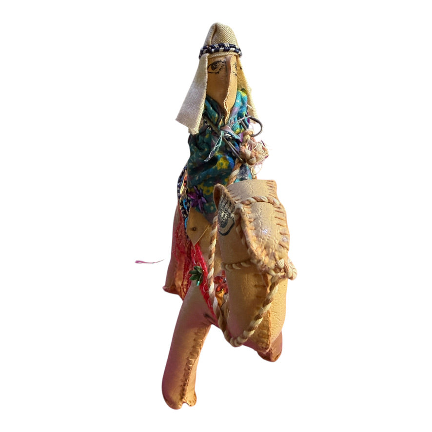 Vintage Leather Wrapped Camels & Riders Finely Detailed with Coloured Sequins and a Deep Fringe, Preowned GUC