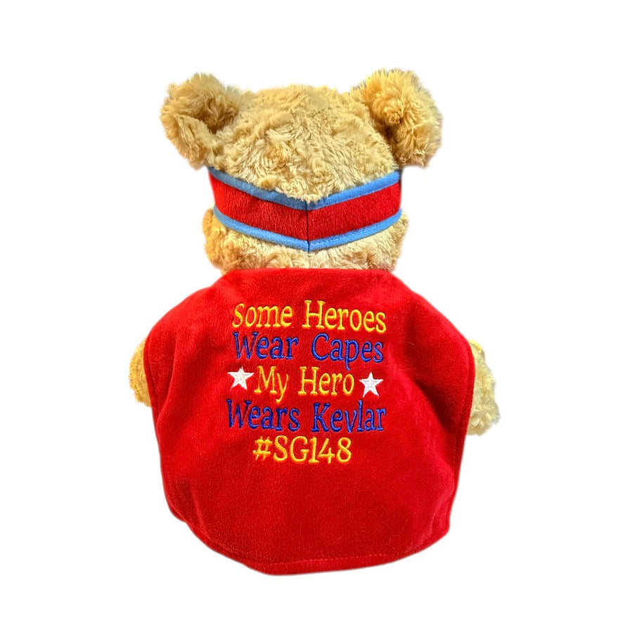 Cubbyford the Red Hero Bear, Minky Cape Reads, 'My Hero Wears Kevlar', #SG148  in EUC