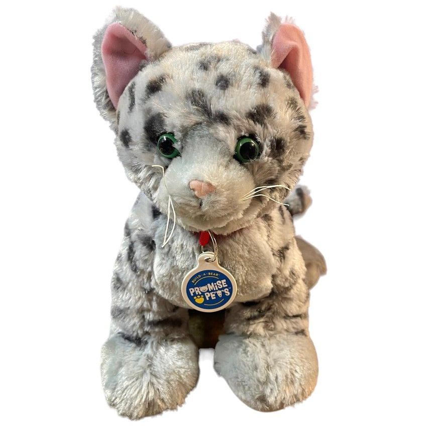 Build A Bear Promise Pets Rescue Grey Spotted Stuffed Cat Kitten, Big Fluffy Paws, Pink Ears