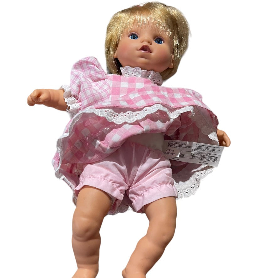 Blond Blue Eyed Baby Doll, Vinyl  with Cloth Body Sweetly  Dressed  in Pink Gingham