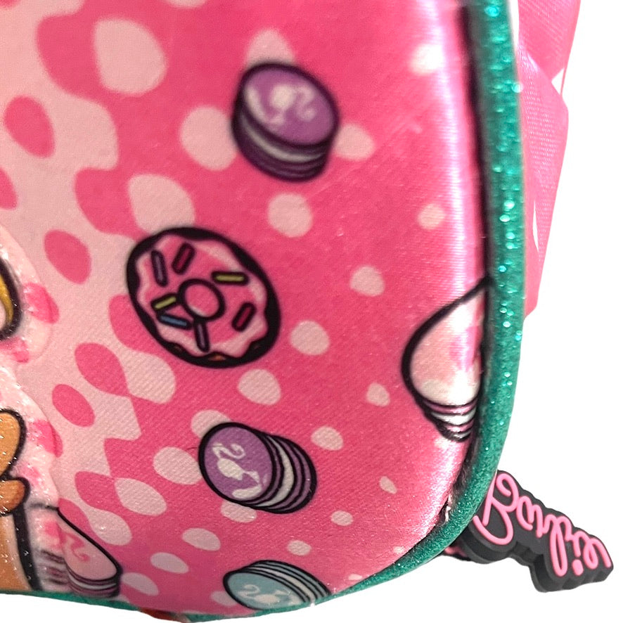 Barbie Insulated Lunch Bag, Pink Satin Hearts, Glitter Trim, Smiling Shimmering Barbie & Puppy EUC