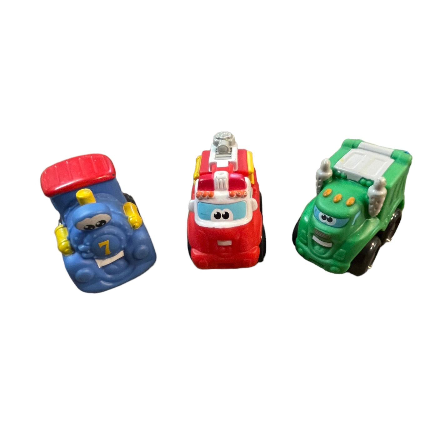 Tonka Lil Chuck and Friends Lot of 4, Big and Little Fire Trucks, Green Trash Truck & Blue Train #7