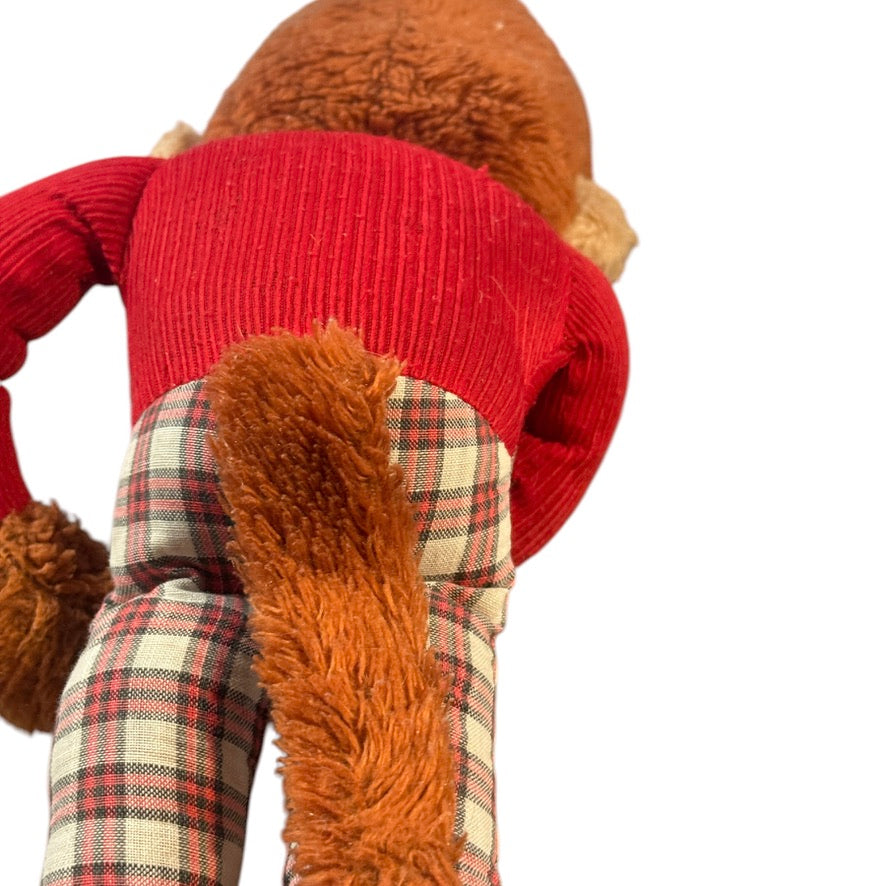 Charming Long-Legged Vintage Monkey Plush Knee Huggar with Tartan Coveralls Fair