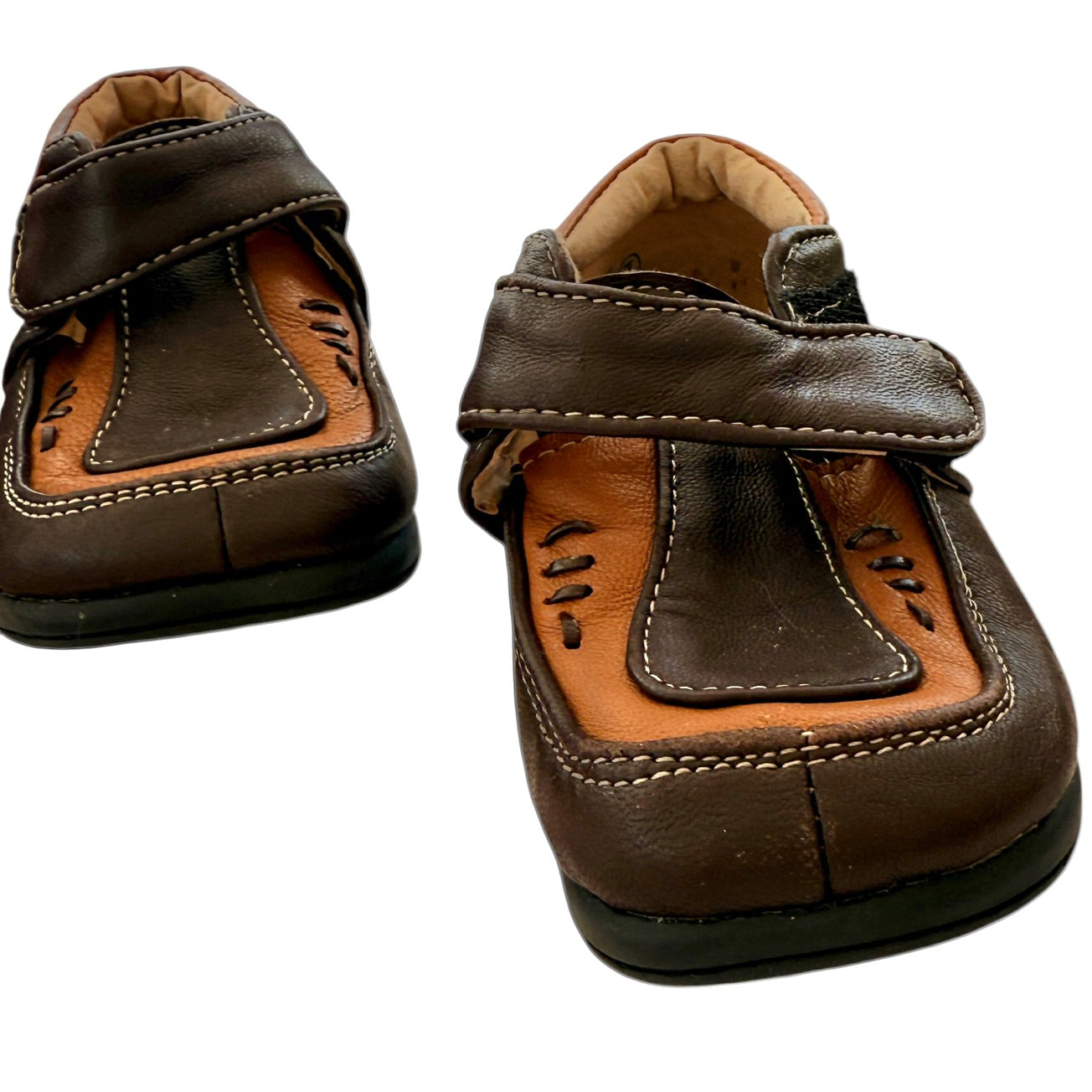 Leather Size 7 Shoes, Cognac & Chocolate Brown with Decorative Stitching Hook & Loop Closure