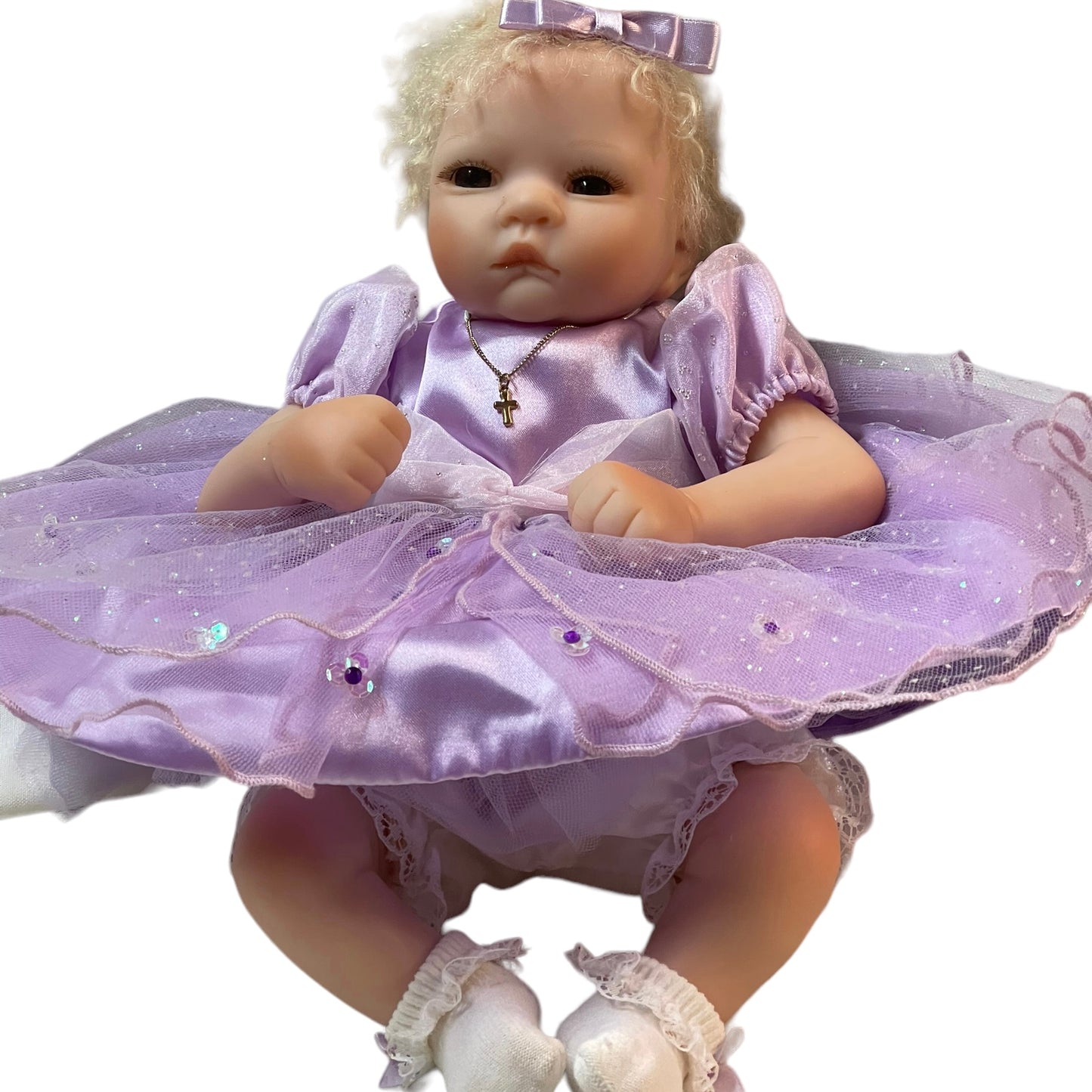 Precious Grace, Realistic Musical Vinyl Baby Doll by Ashton Drake 13.5" in EUC Silver Cross