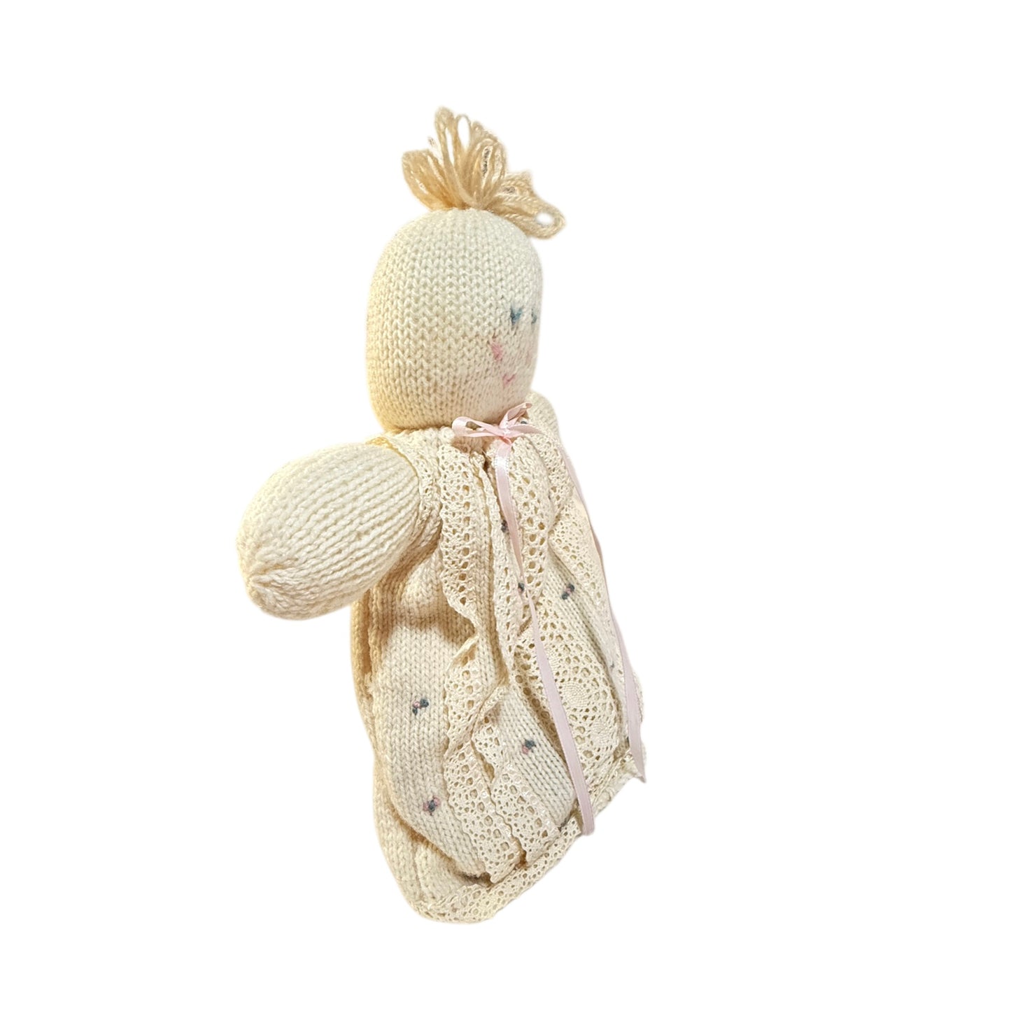 Exquisite Hand Knit Baby Doll in a Dainty Dress with Crocheted Lace, Ribbon & Embroidered Flowers