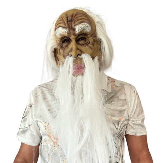 Halloween Mask of Ghoulish Old Man, with Long White Hair, Beard, Fu Manchu & Bushy Eyebrows