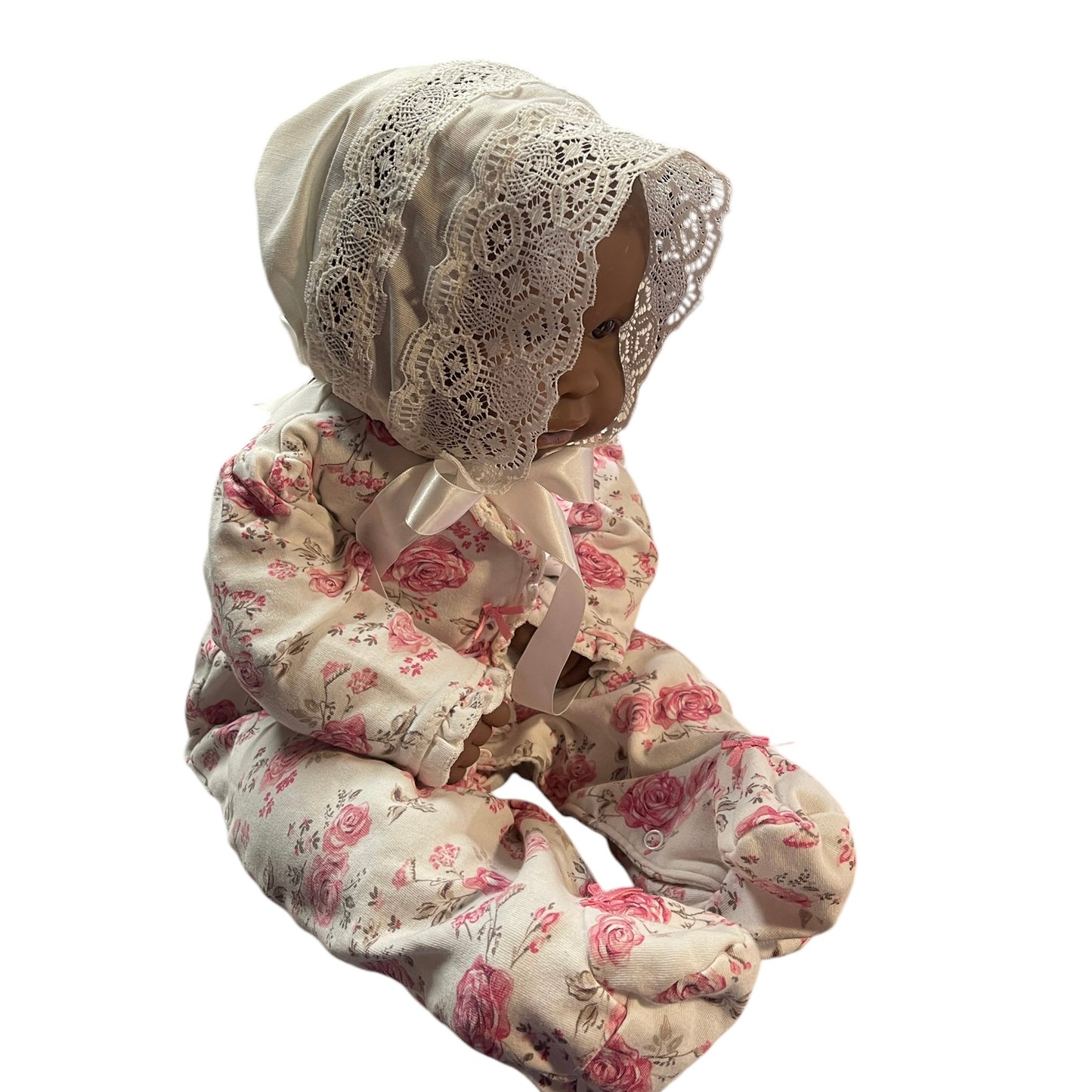 Berenguer African 20" Soft Bodied Baby Doll, Lace Bonnet, Sweet Little Me Floral Sleeper 6M