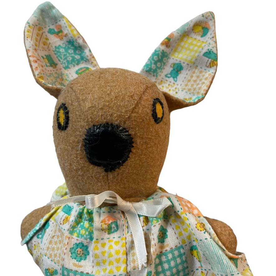 Unique Cloth Bunny, 10" Brown, 'Leather' Nose & Dainty Dress with Matching Ears