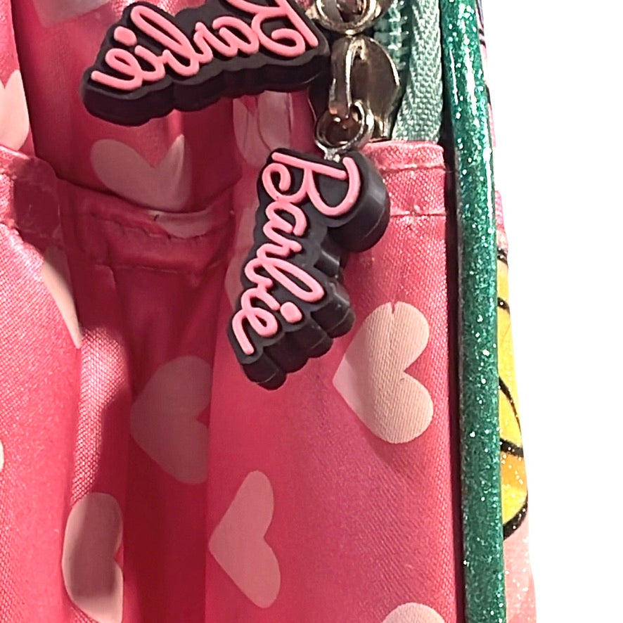 Barbie Insulated Lunch Bag, Pink Satin Hearts, Glitter Trim, Smiling Shimmering Barbie & Puppy EUC