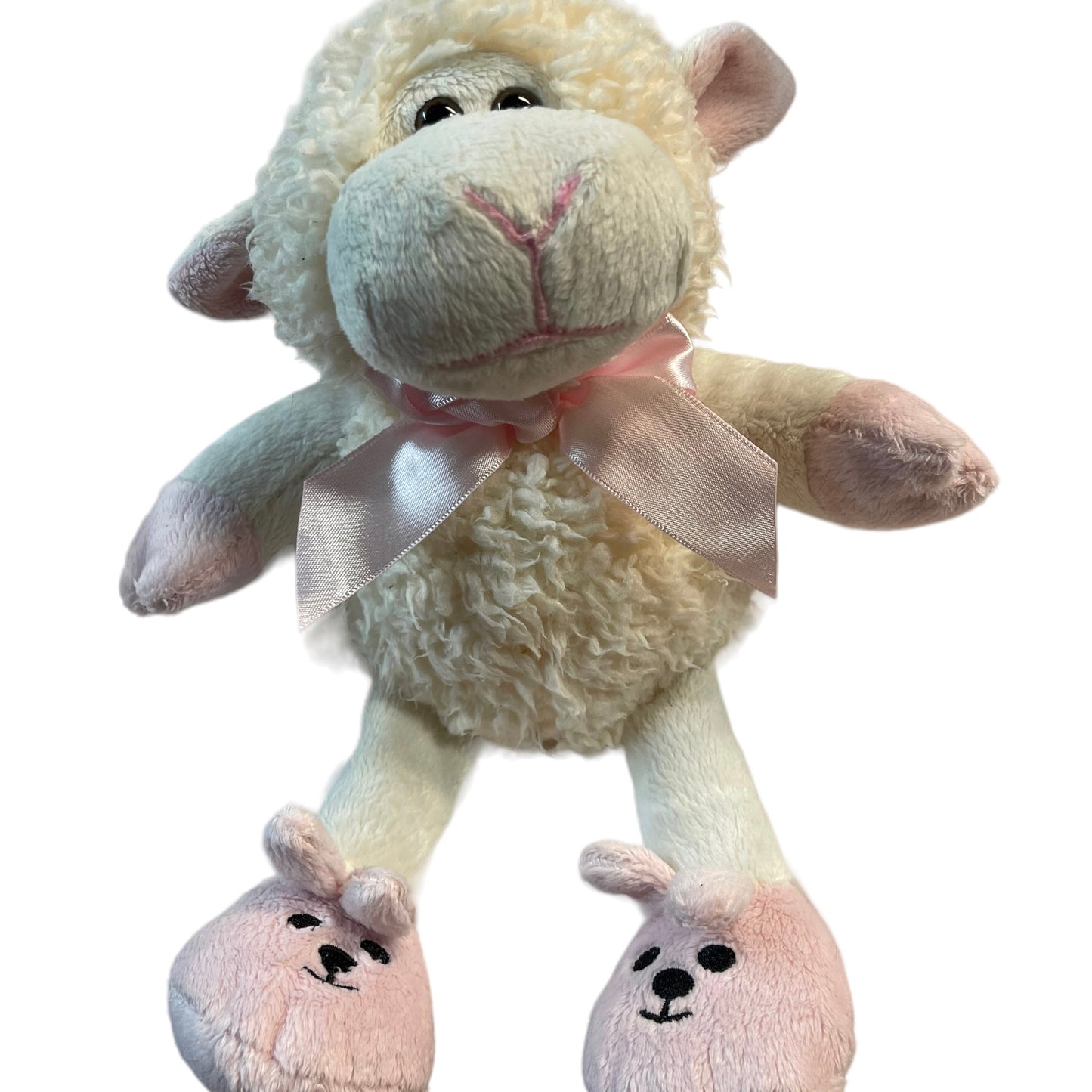 Fiesta Stuffed Sherpa Sheep With Pink Bunny Slippers and Pink Satin Bow