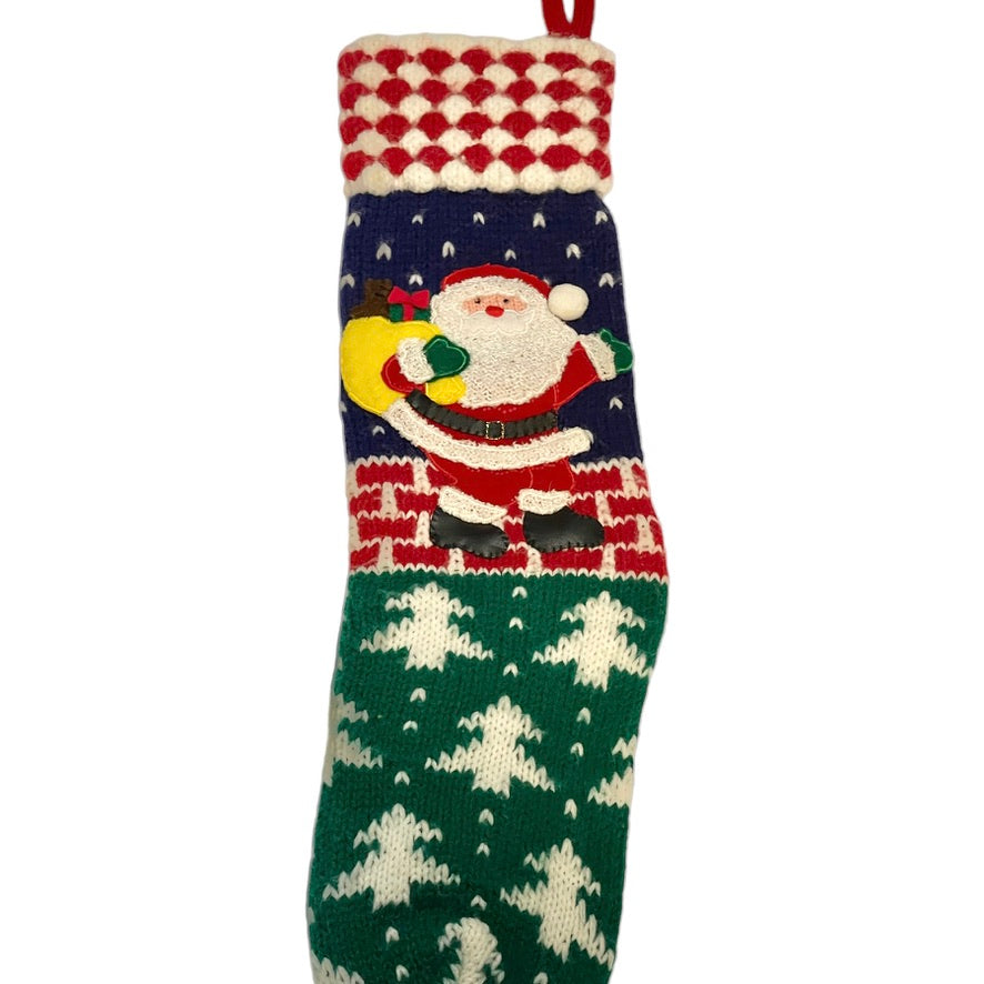 Cozy Knit Christmas Stocking with Santa Applique, 19" Tall, in Excellent Preowned Condition