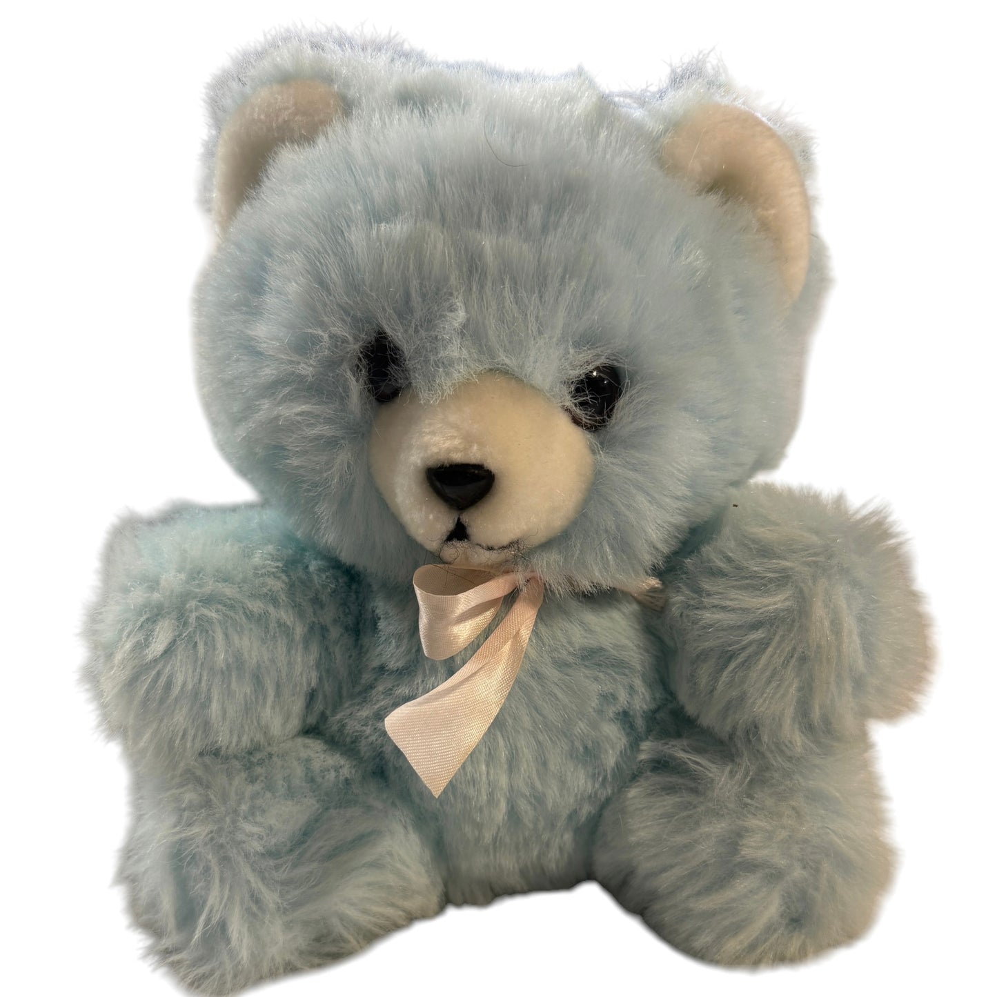 Adorable Vintage 8" Seated Soft Baby Blue Teddy Bear Rattle with White Snout & Black Features