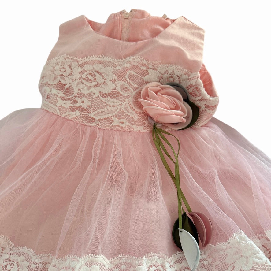 Exquisite Pink Chiffon & Lace  Baby Party Dress, Satin Bow & Rosette Embellshment