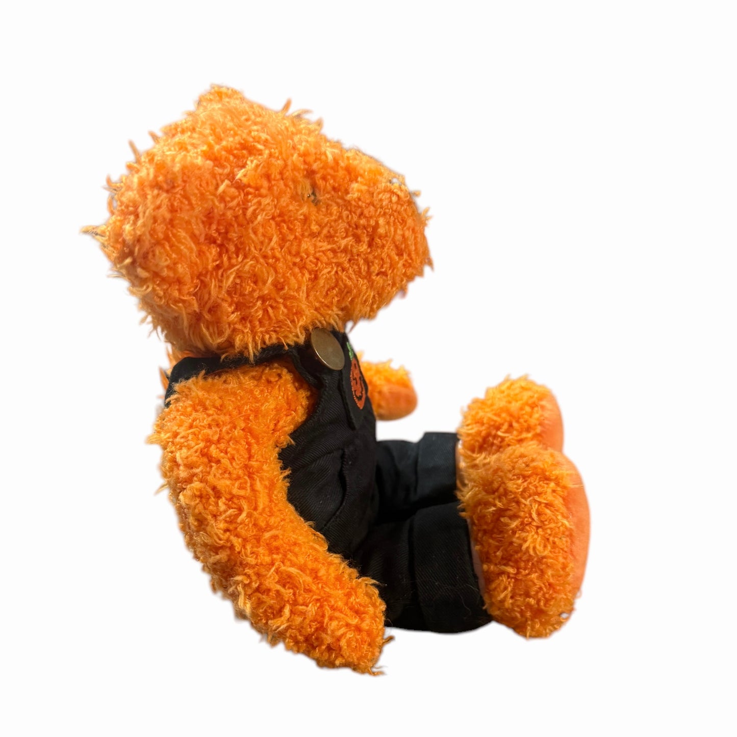 Hallmark Halloween Bean Bear Shaggy Orange Plush Teddy Bear Black Coveralls with Pumpkin Applique