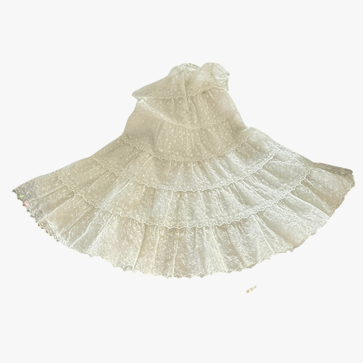 Exquisite Vintage Sheer Lace Christening Gown, Lace Rimmed Tiers, Satin Ribbon & Vintage Snaps