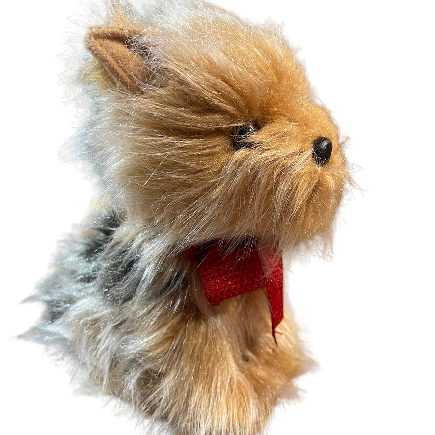 Russ Berrie, Yorkshire Terrier, Ghengis, Realistic Plush Dog with Red Bow in EUC