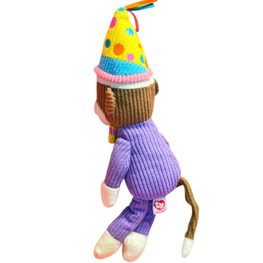Retired Ty 'Happy Birthday' Sock Monkey, 11", Corduroy Body, Button Eyes, Party Hat & Tie!