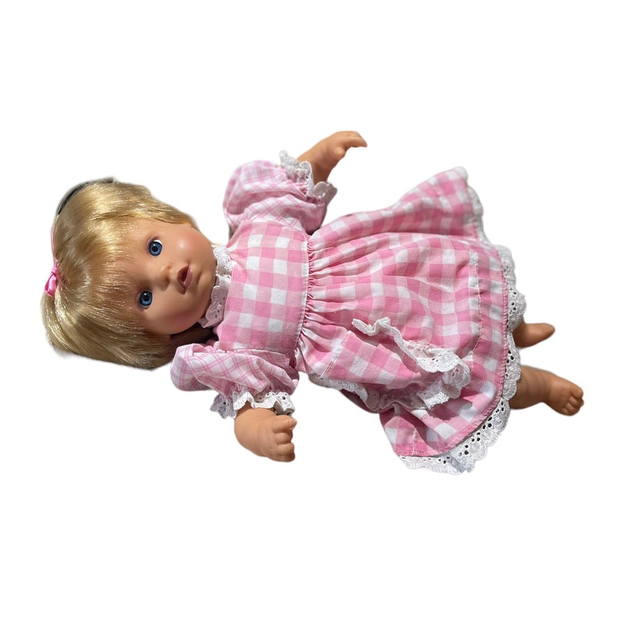 Blond Blue Eyed Baby Doll, Vinyl  with Cloth Body Sweetly  Dressed  in Pink Gingham