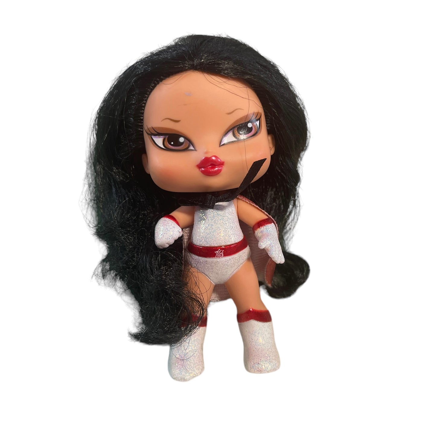 Bratz Super Babyz Superhero, 'Jade,' 5" Doll Luxurious Black Hair White & Red Glitter Outfit with Cape